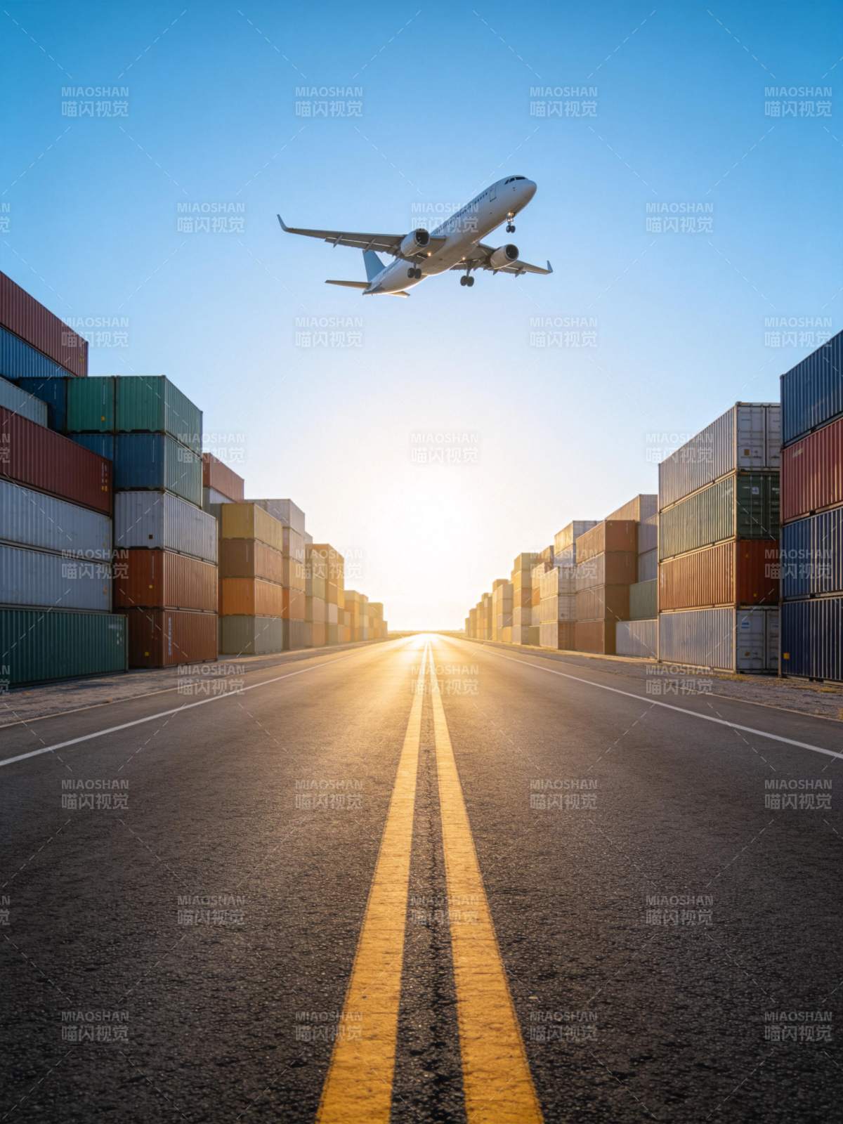 集装箱通道上空飞机低空飞过运输场景图片