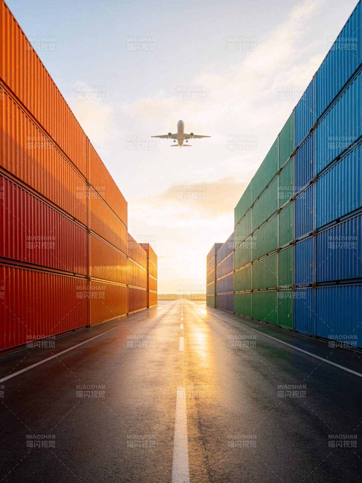 集装箱通道中飞机低空飞过夕阳场景图片