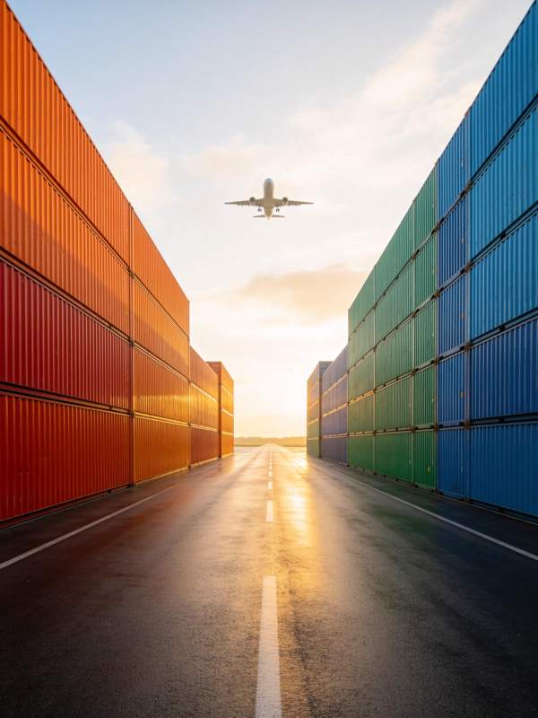 集装箱通道中飞机低空飞过夕阳场景图片