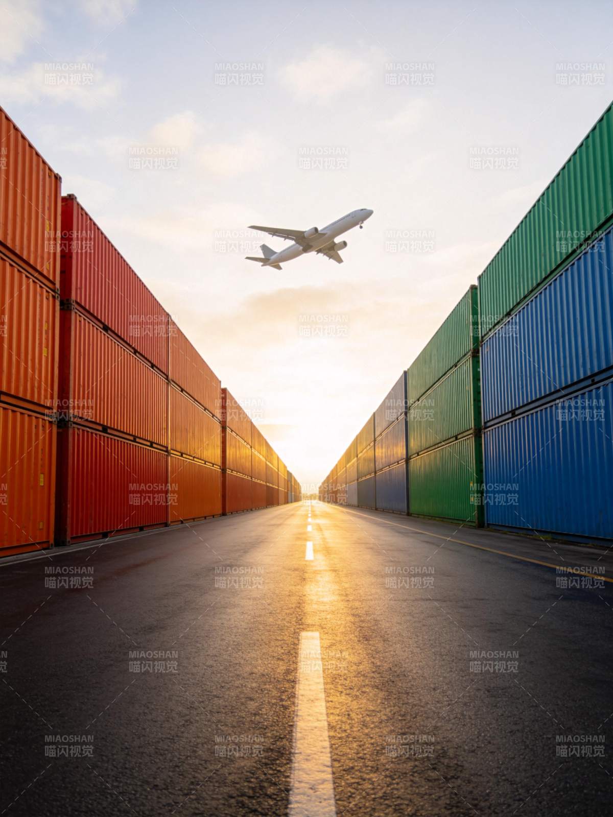 集装箱通道中飞机低空飞越的物流场景图片