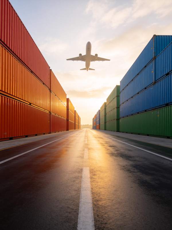 集装箱通道中飞机低空飞越的物流场景图片