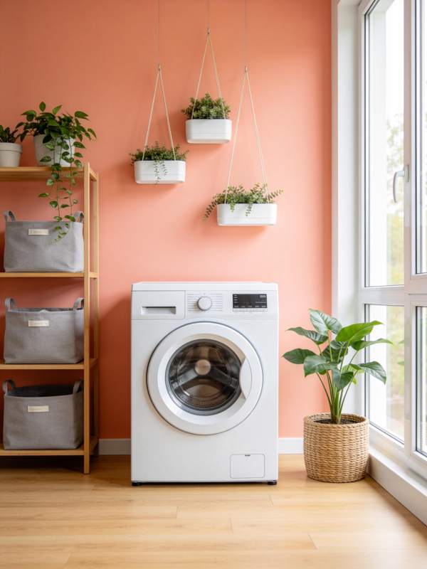 粉色墙面旁白色洗衣机与绿植布置的家居角落图片