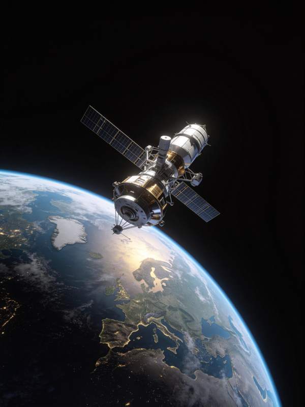 人造卫星在地球轨道上运行的太空景象图片