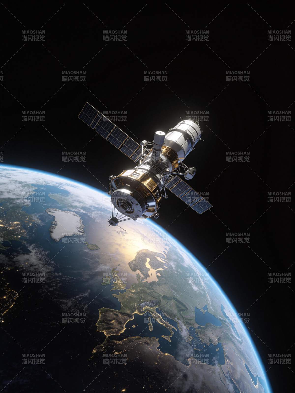 人造卫星在地球轨道上运行的太空景象图片