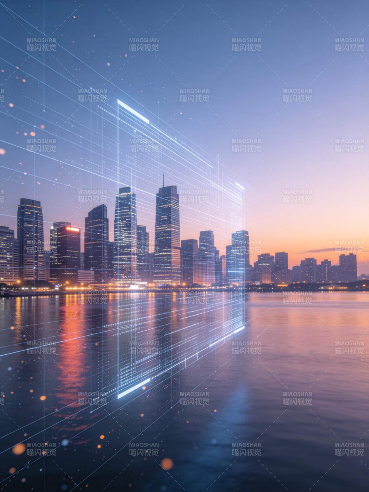 城市天际线与数字网格叠加的夜景画面图片