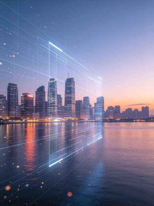 城市天际线与数字网格叠加的夜景画面图片