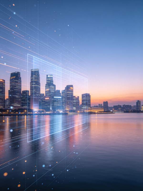 城市天际线与数字网格叠加的夜景画面图片