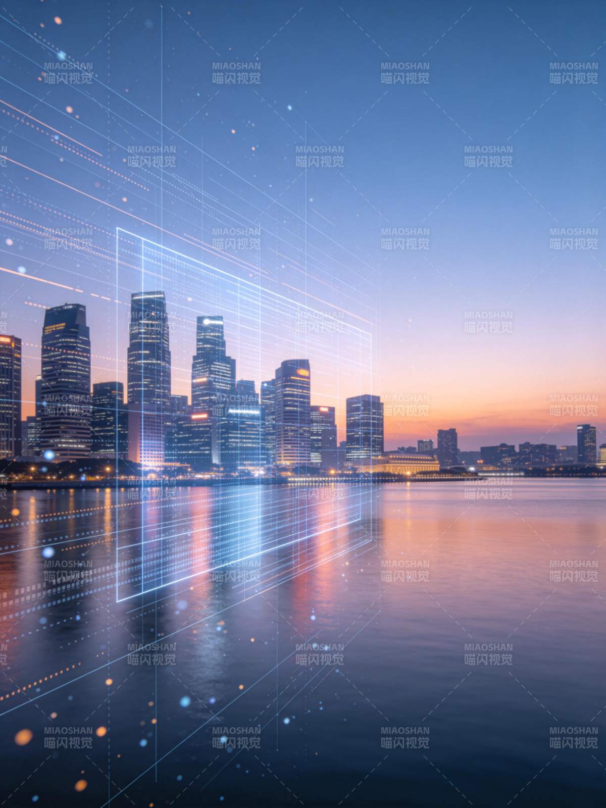 城市天际线与数字网格叠加的夜景画面图片