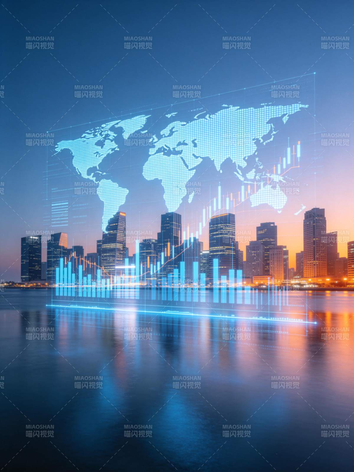 城市天际线叠加世界地图与数据图表图片