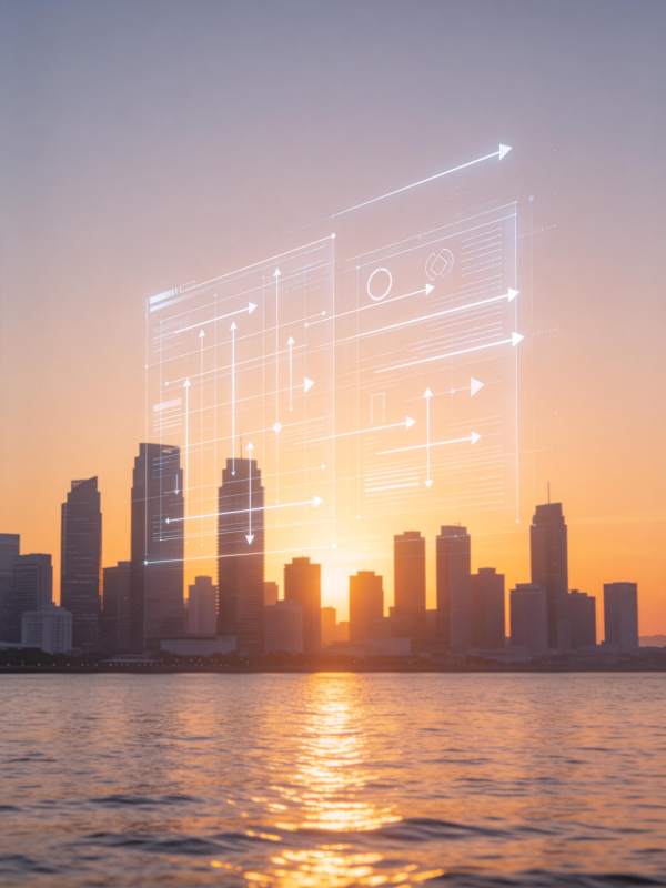 城市天际线与全息数据界面叠加呈现图片