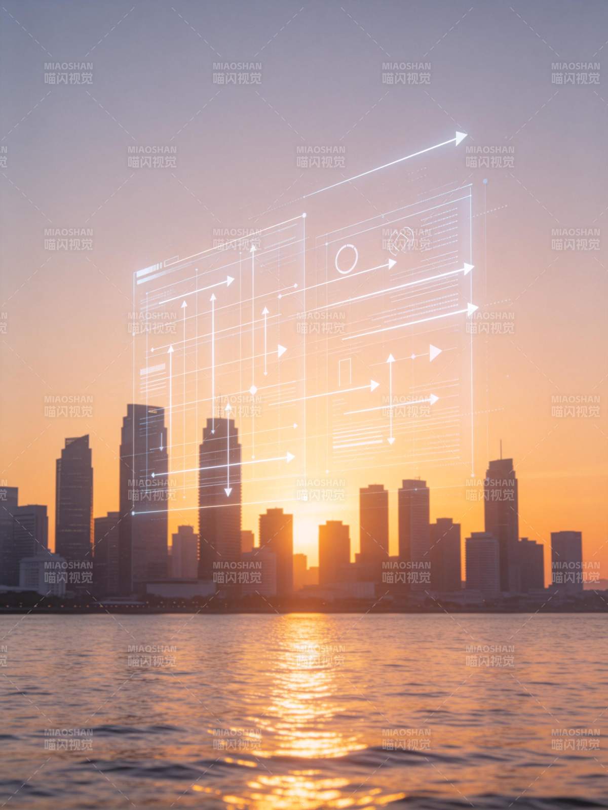 城市天际线与全息数据界面叠加呈现图片