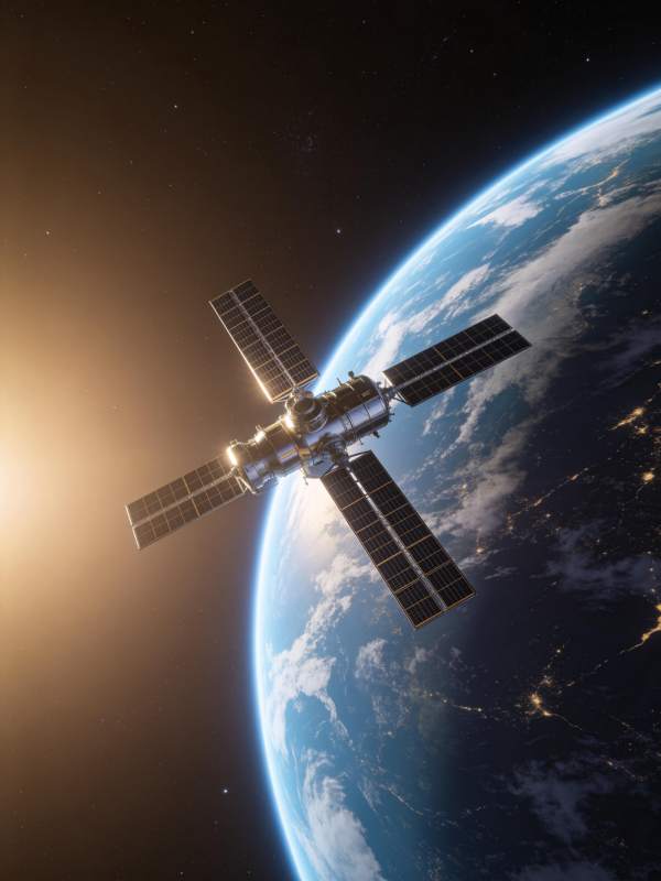 人造卫星环绕地球运行的太空景象图片