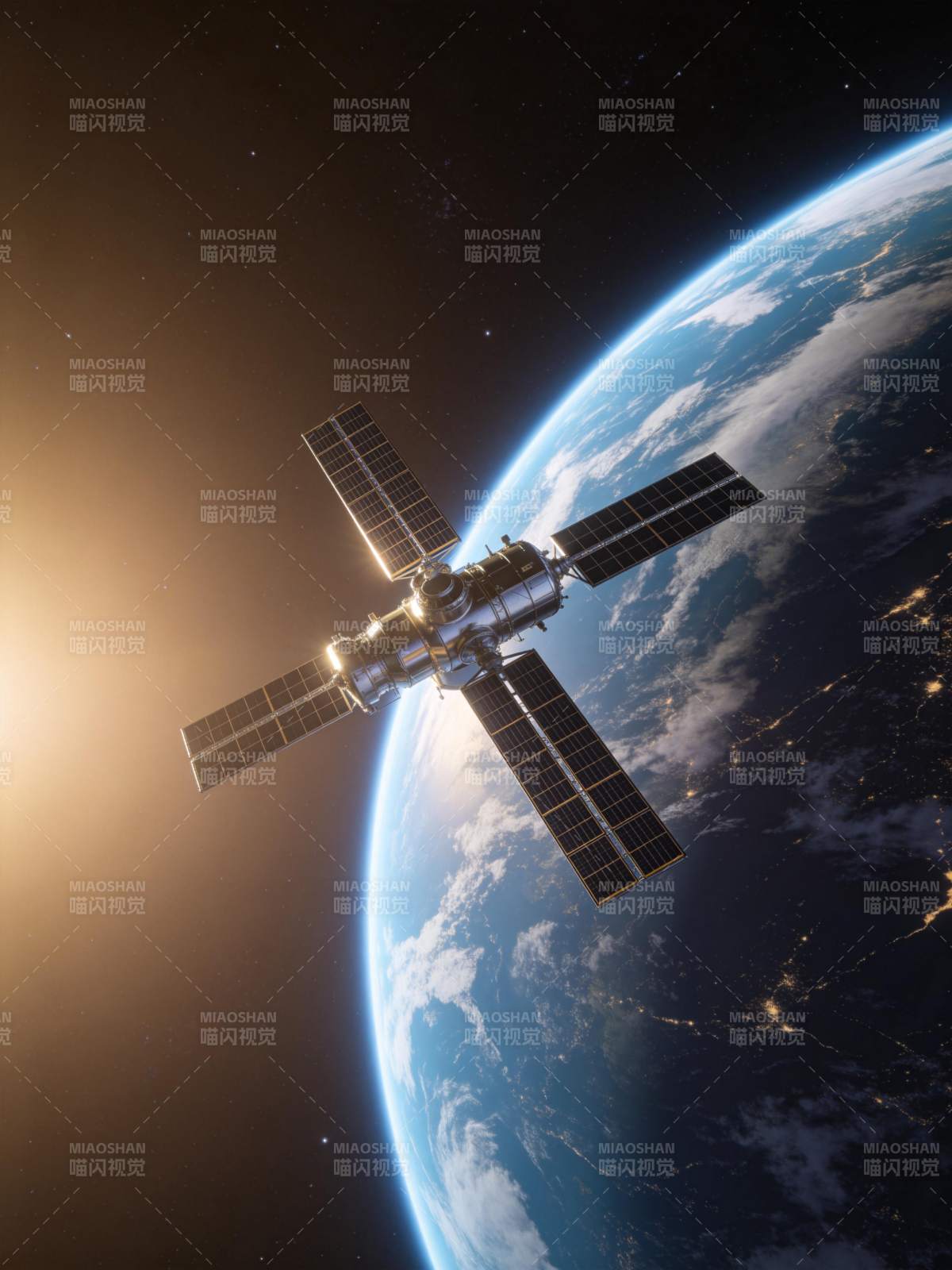 人造卫星环绕地球运行的太空景象图片