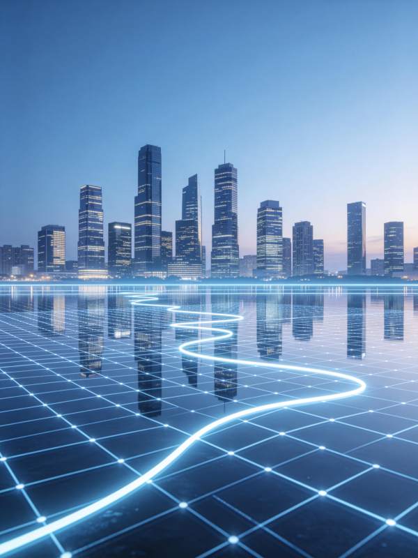 城市天际线与发光网格地面构成的未来科技场图片