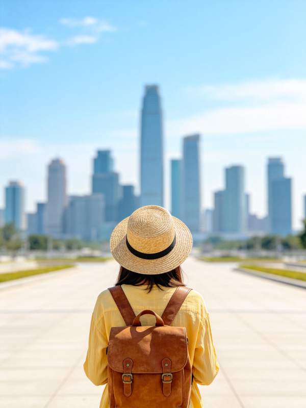 戴草帽背背包的女子面向城市天际线图片
