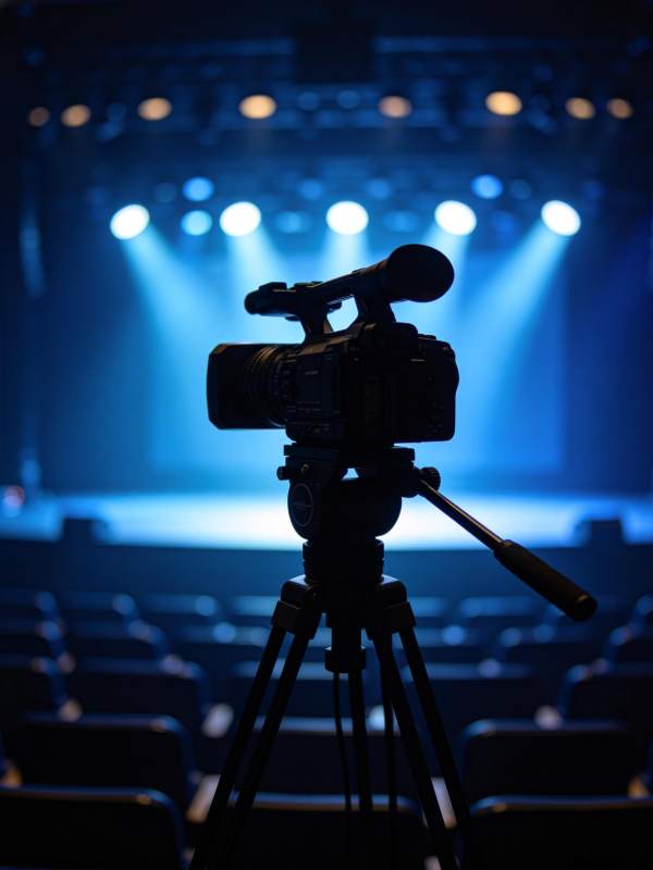 舞台灯光下架设在三脚架上的专业摄像机图片