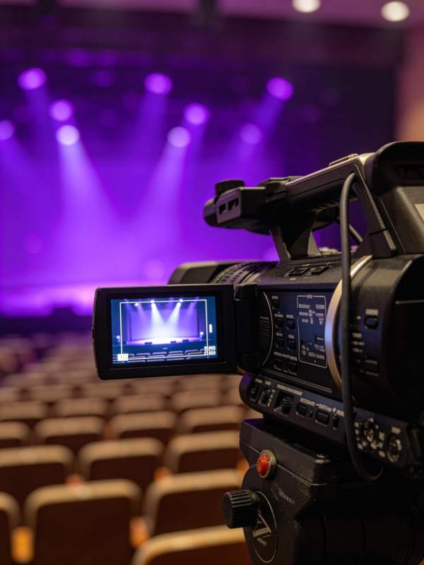 专业摄像机对准舞台灯光下的空剧场图片