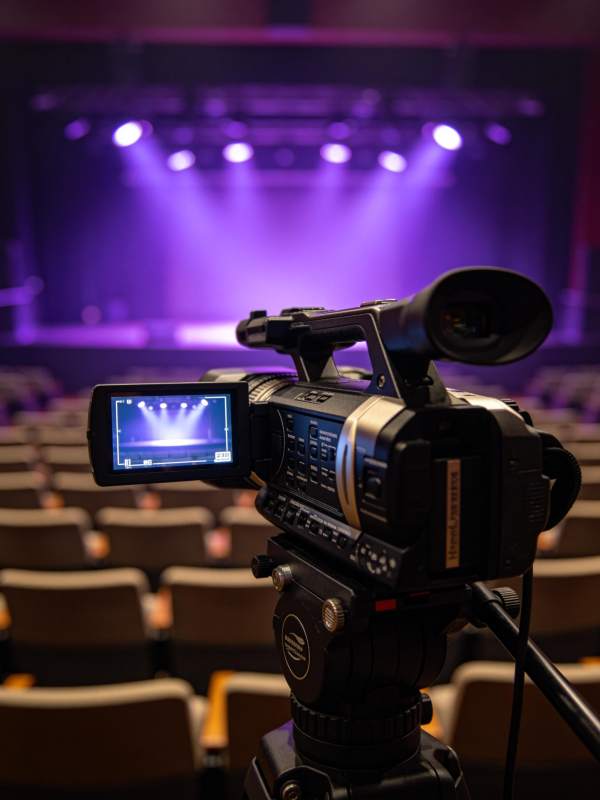 专业摄像机对准舞台灯光的拍摄现场图片