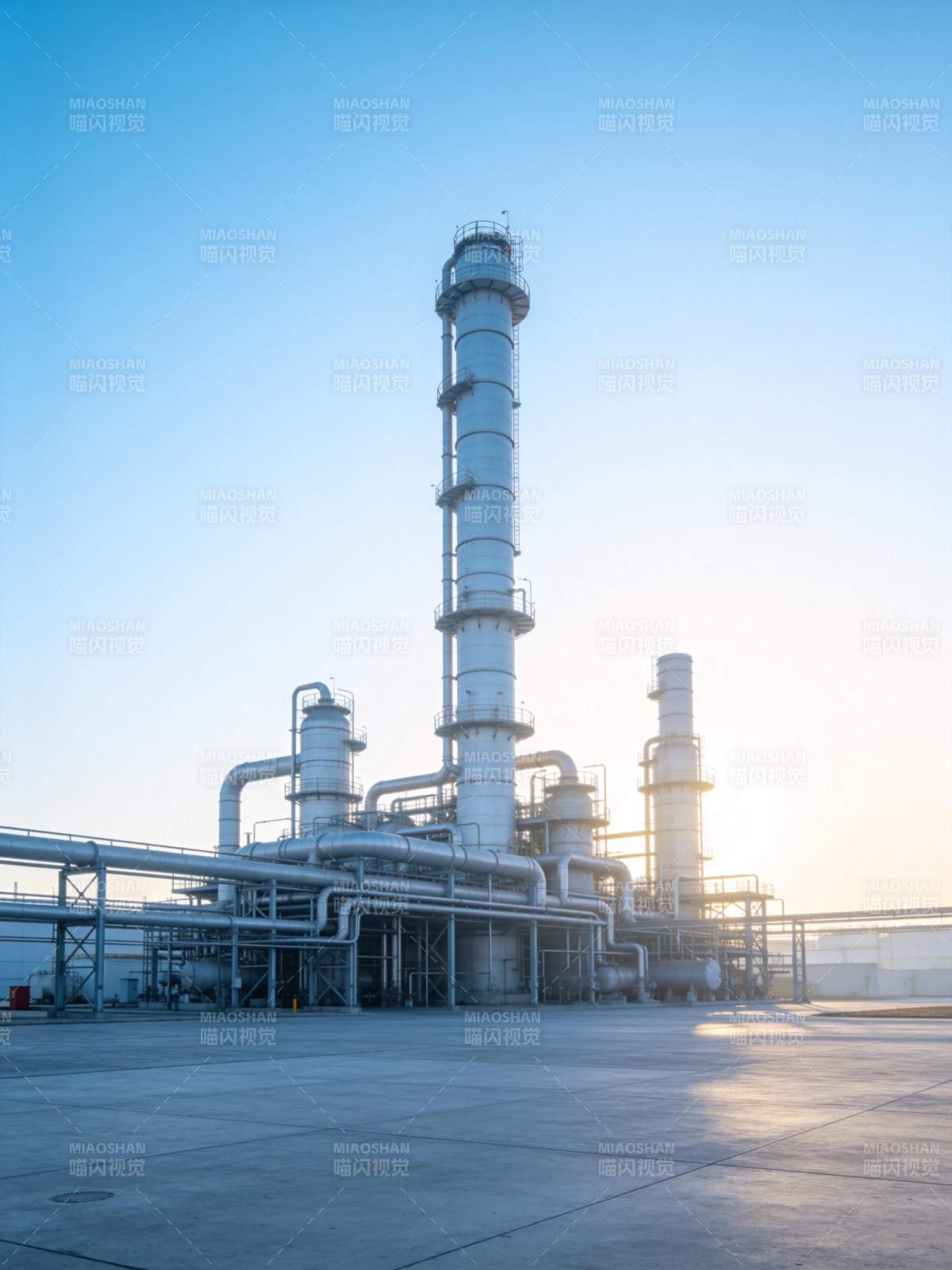 工业厂区高耸塔罐与管道系统全景图片
