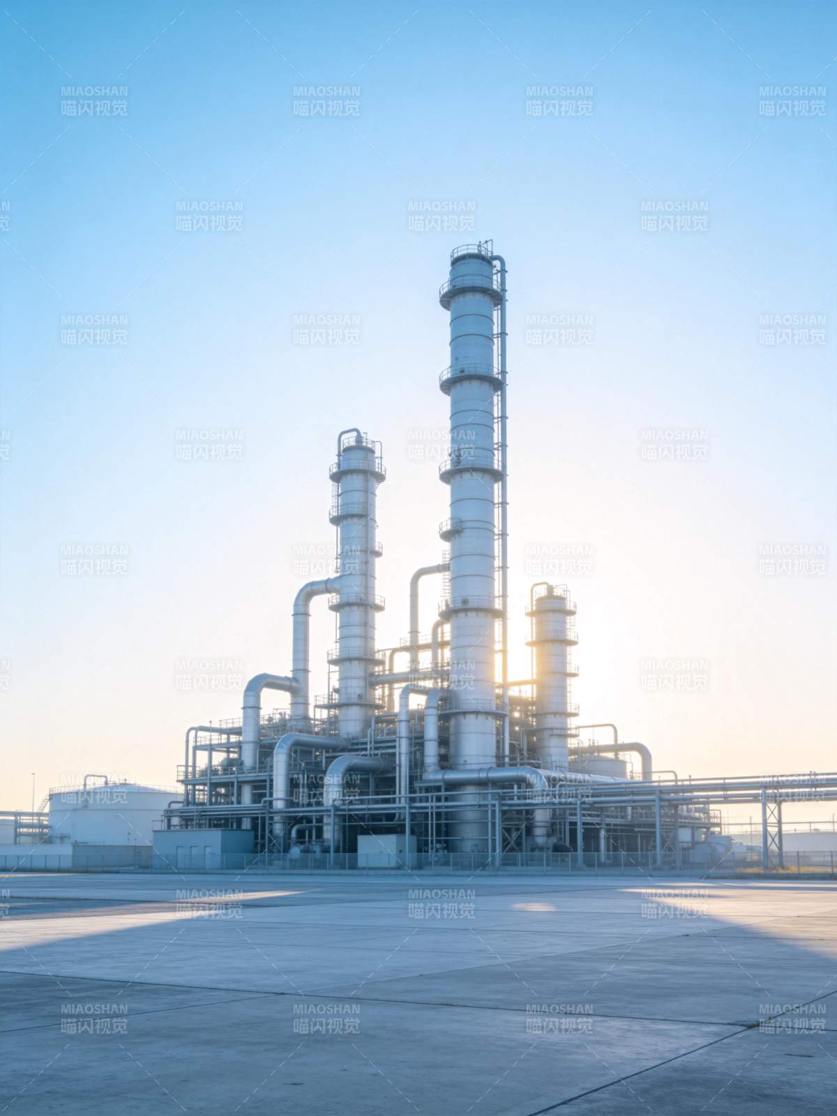 大型工业厂区高塔管道设施日出景象图片