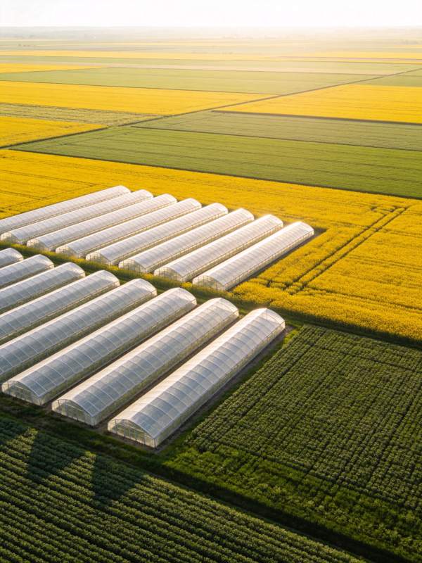 农田中整齐排列的温室大棚与彩色作物田块图片