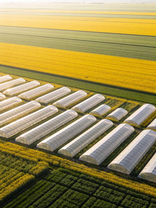 农田中整齐排列的温室大棚与彩色作物带图片