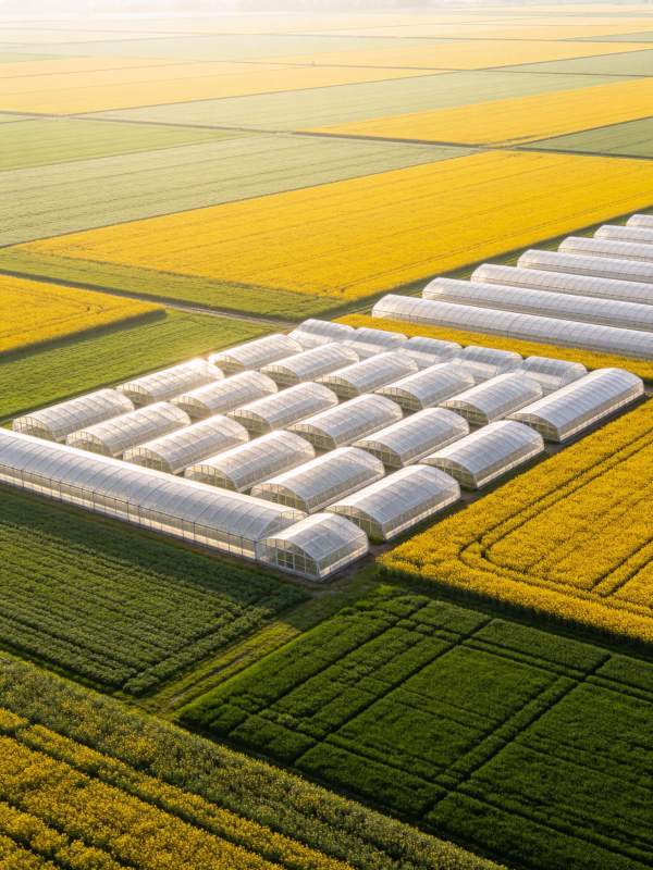 农田中整齐排列的温室大棚与彩色作物田块图片