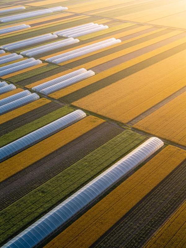 航拍农田中整齐排列的温室大棚与作物带图片