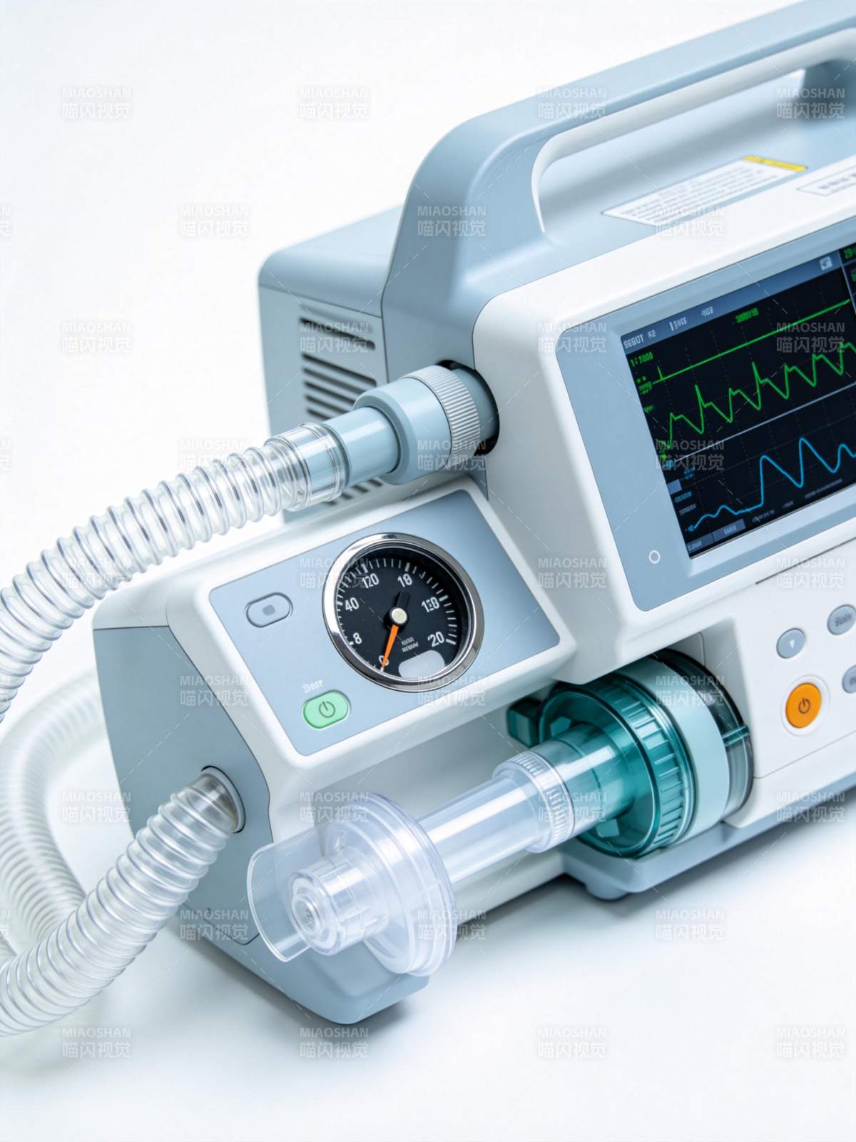 医疗监护设备特写显示心电波形与压力表图片