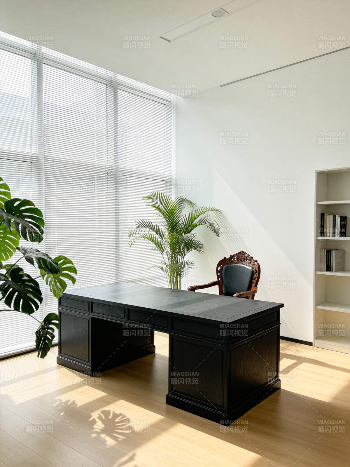 现代简约办公室内景含书桌绿植与书架图片