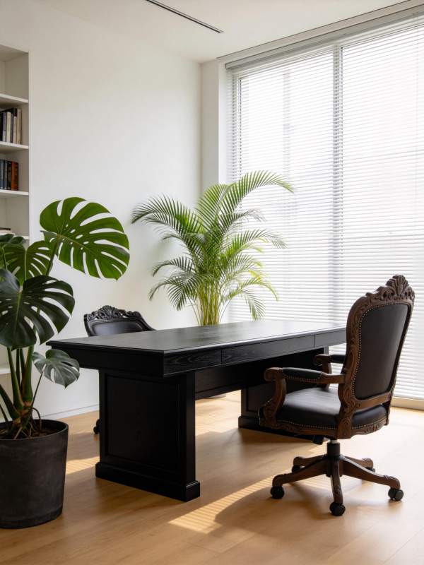 现代简约办公室内景配绿植与雕花办公椅图片