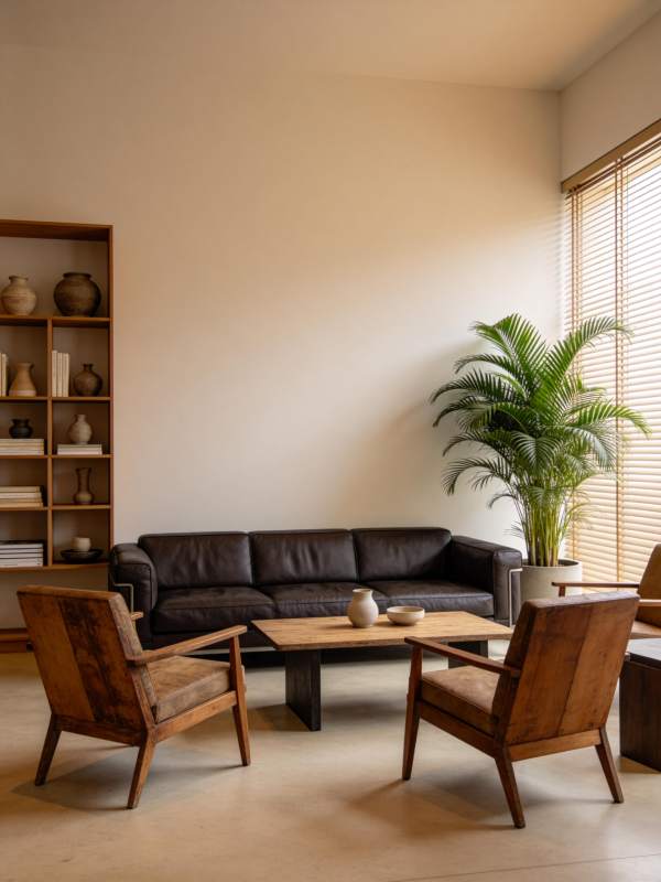 现代简约风格客厅布置含皮沙发木椅与绿植图片