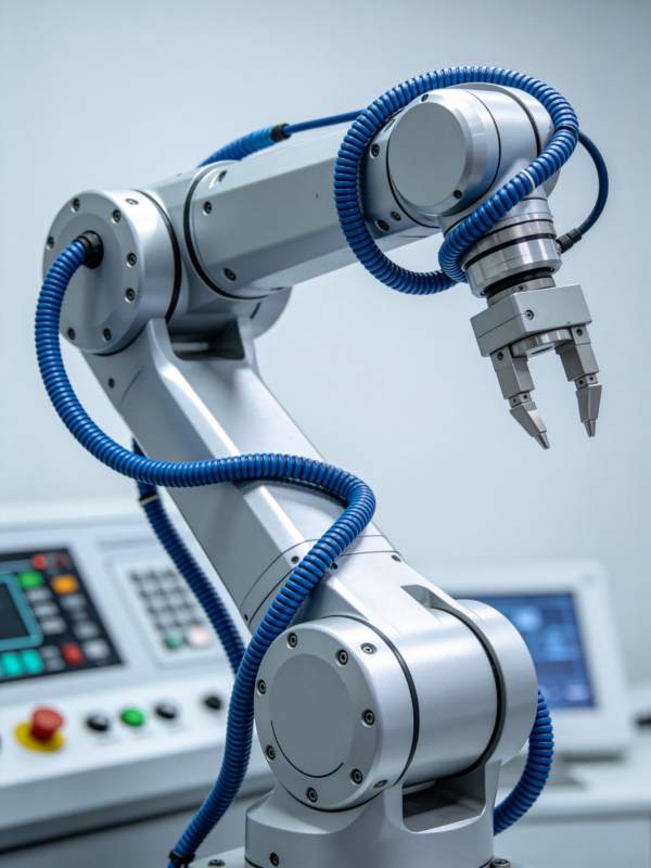 银色工业机械臂配蓝色软管特写图片