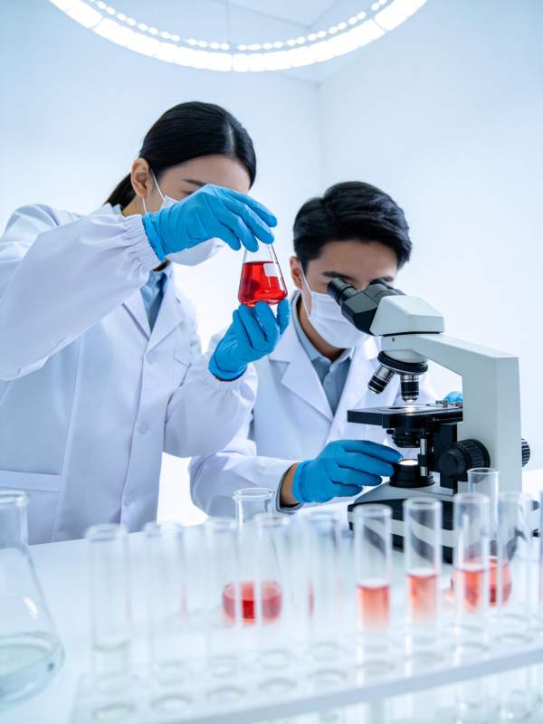 实验室中科研人员进行显微观察与溶液分析图片