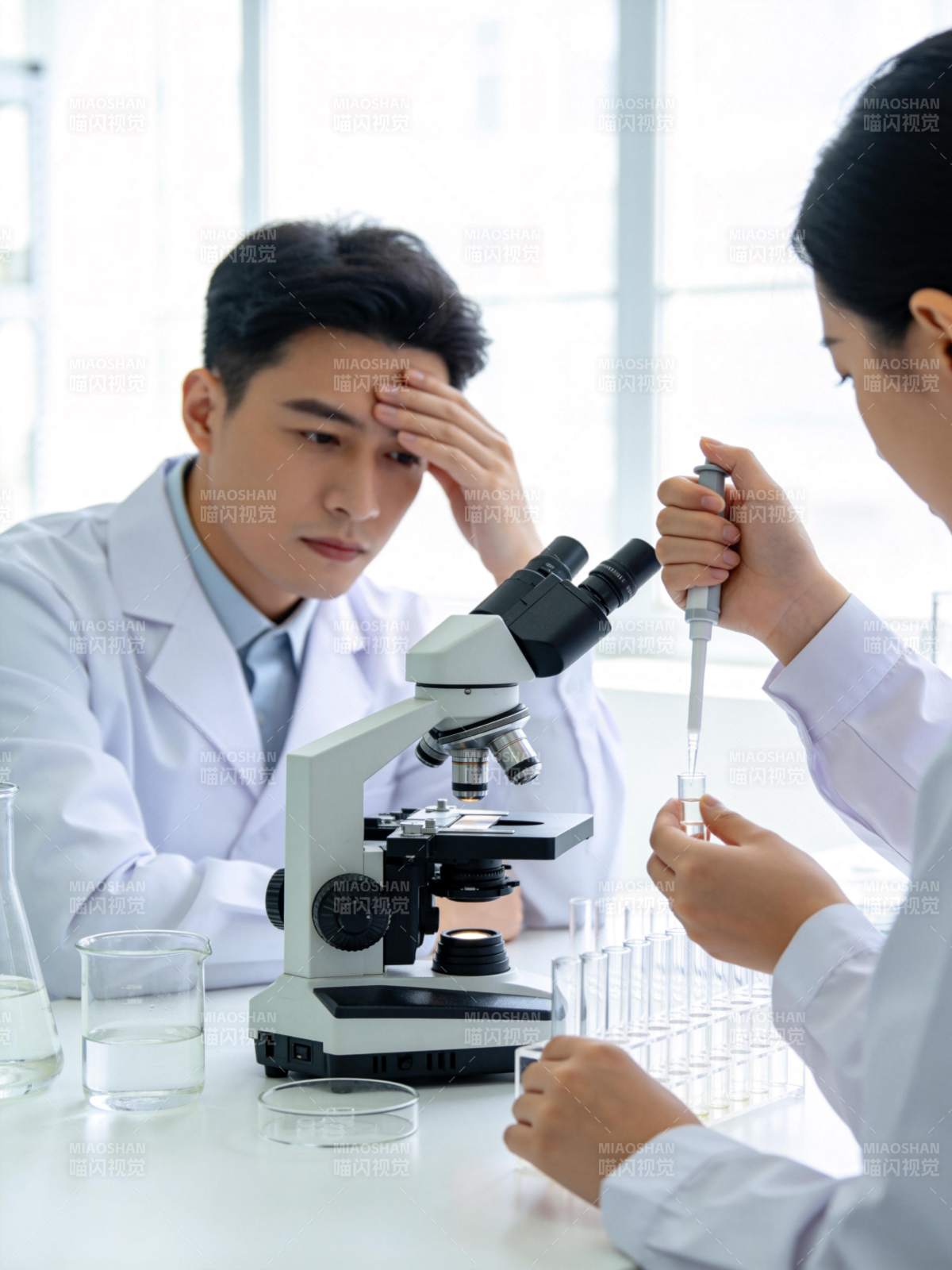 实验室中科研人员使用显微镜与移液器进行实图片