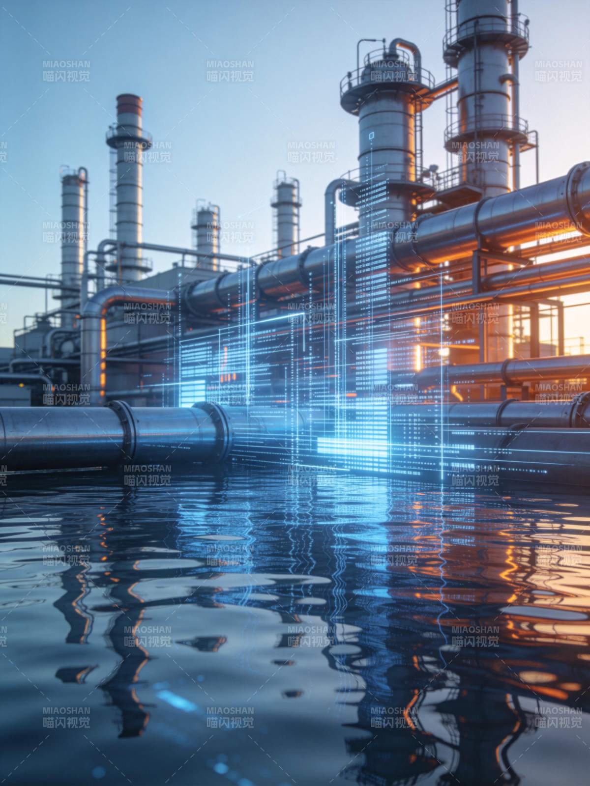 工业厂区管道与数字全息投影叠加场景图片