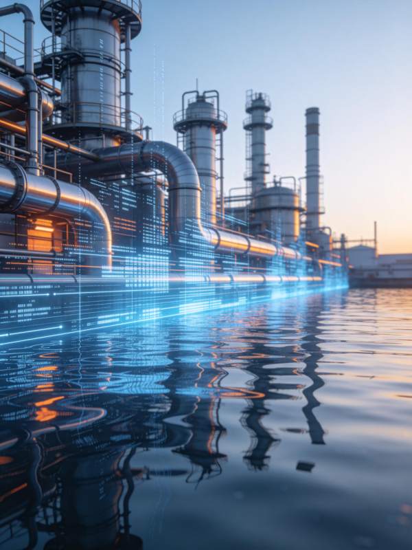 工业厂区管道与数字光效映照水面场景图片