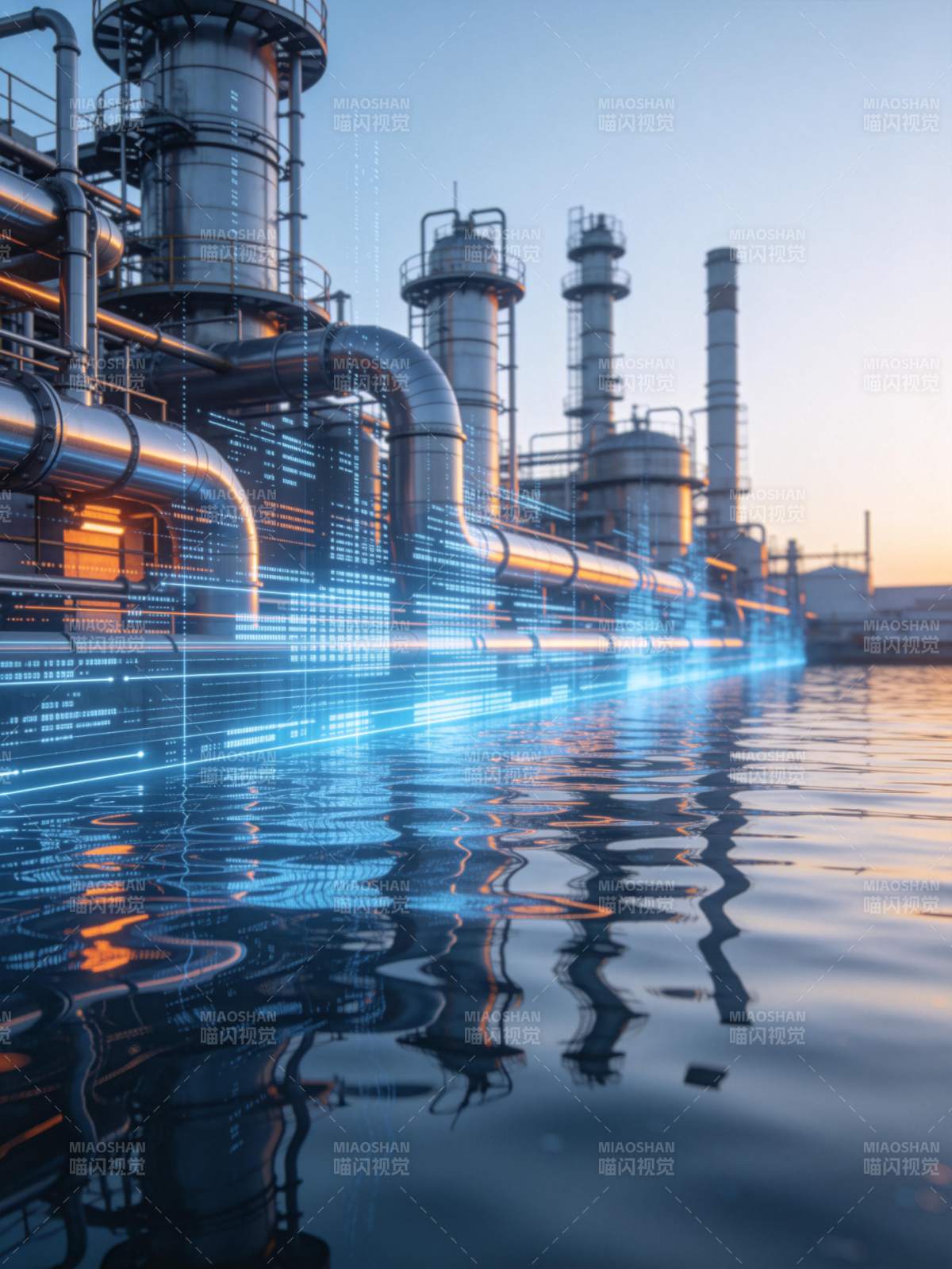 工业厂区管道与数字光效映照水面场景图片