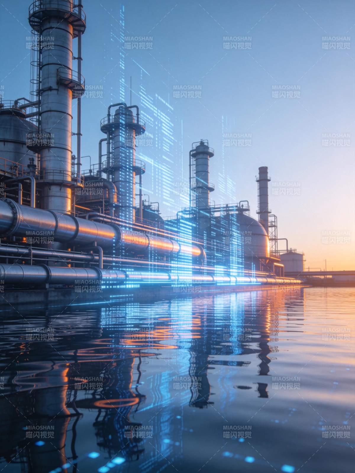 工业厂区与数字光效叠加的黄昏水景图片