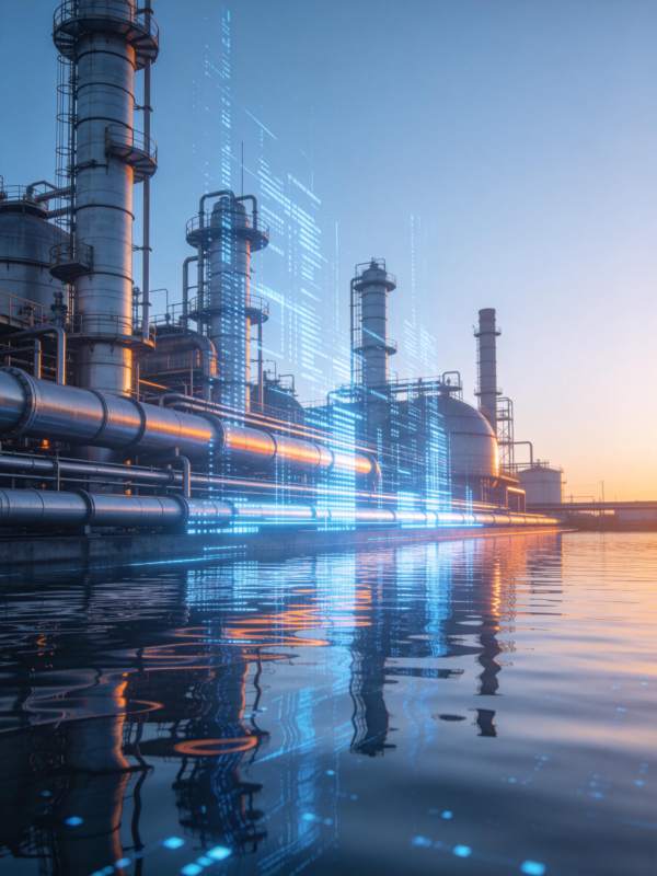 工业厂区与数字光效叠加的黄昏水景图片