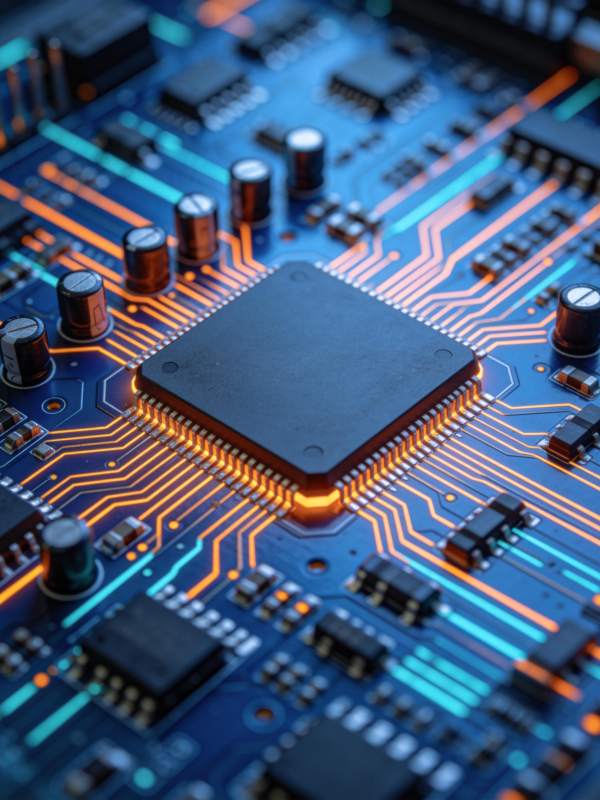 蓝色电路板上发光芯片与电子元件特写图片