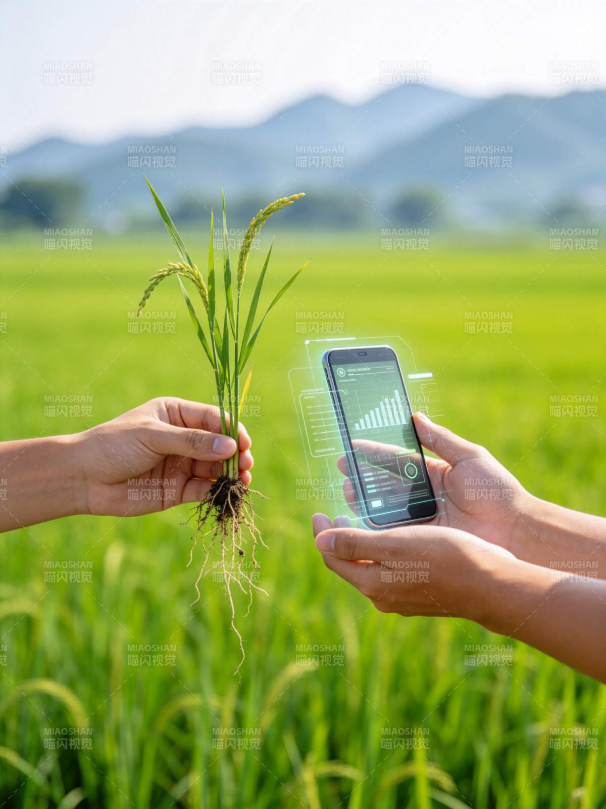 手持稻苗与智能设备分析农田数据图片