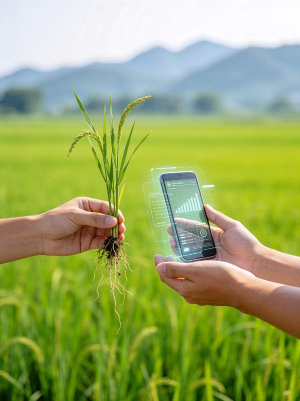 手持稻苗与智能设备分析农田数据图片