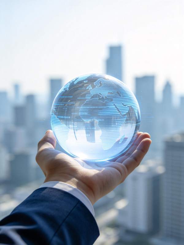 手托蓝色全息地球模型城市背景图片