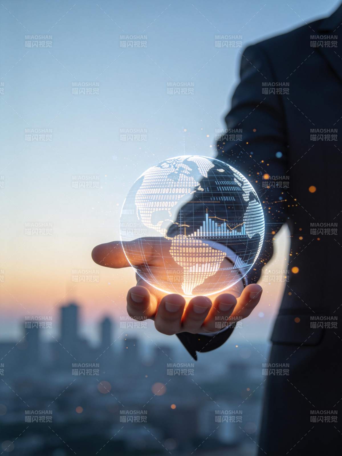 商务人士托举全息地球数据模型图片