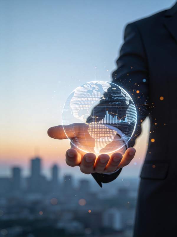 商务人士托举全息地球数据模型图片