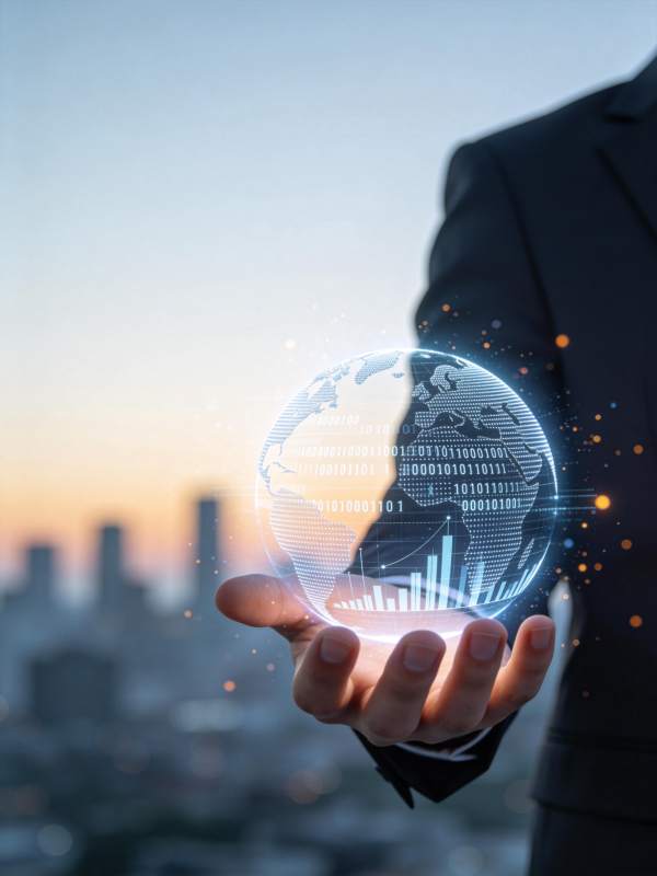 商务人士手托全息地球与数据图表图片