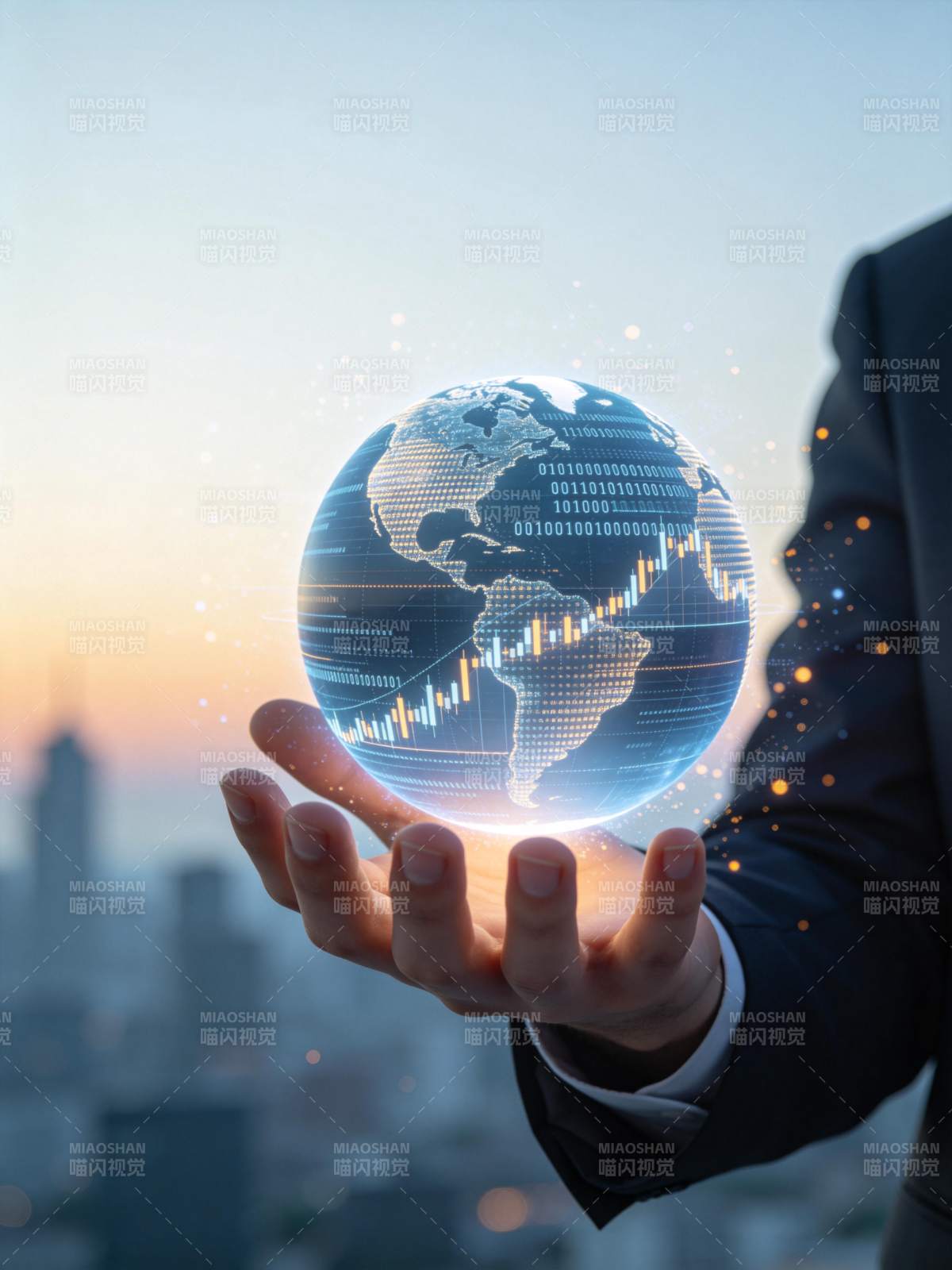 商务人士托举数字地球显示数据图表图片