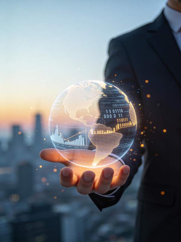 商务人士托举全息地球与数据图表图片