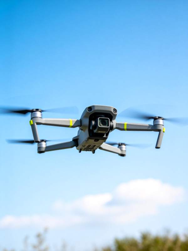 灰色四轴无人机空中悬停拍摄画面图片